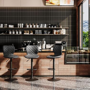 Набір барних стільців 4 шт. регульовані по висоті з підлокітником та підставкою для ніг – 360° обертання, PU шкіра, оббивка, металевий каркас для кухні, стійки, їдальні, вітальні, чорний