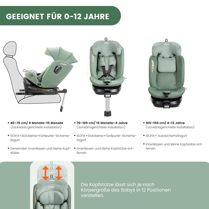 Дитяче автокрісло, що обертається на 360 Jovikids, з ISOFIX, i-Size (ECE R129) Дитяче автокрісло групи 01/2/3 Автокрісло, повернуте проти напрямку руху, з функцією відкидання та знімним навісом (40-150 см, 0-36 кг, 0-12 років) Зелений