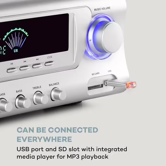 Auna AMP 3800 BT 5.0 - HiFi підсилювач 2x120 Вт + 3x50 Вт, Bluetooth, USB, SD, 2 мікрофонних входи, DVD-стерео, лінійний вихід, сріблястий