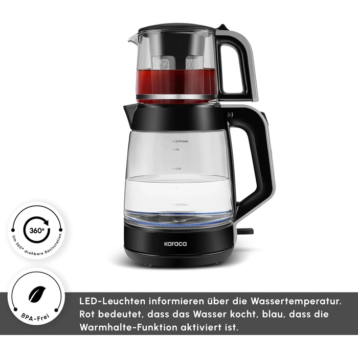 Чайник-заварник електричний Karaca Glass XL 2 в 1, чорний, 0.9л/2.2л, LED, 360°