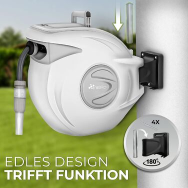 Трьохкамерний шланг TRESKO® з роликом для шланга, 30+2 м, з ручною лійкою, поворотний на 180°, для саду, автоматичний, з кріпленням для стіни та монтажним матеріалом