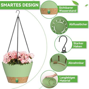 Пластиковий підвісний горщик для квітів ZMTECH 25 см з підставкою (2 шт., зелений)