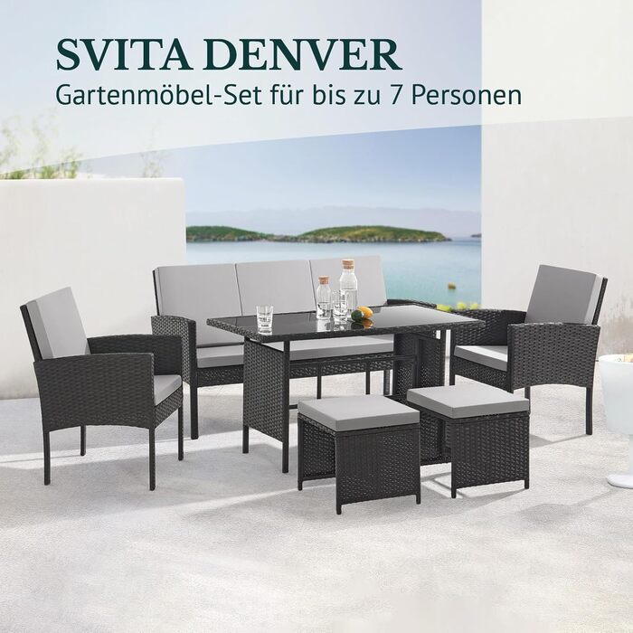 Садовий набір меблів SVITA Denver з поліротангу 4 предмети: 2 крісла, диван на 2 місця, стіл - чорний, сталевий каркас, водостійкий PE-ротанг, подушки