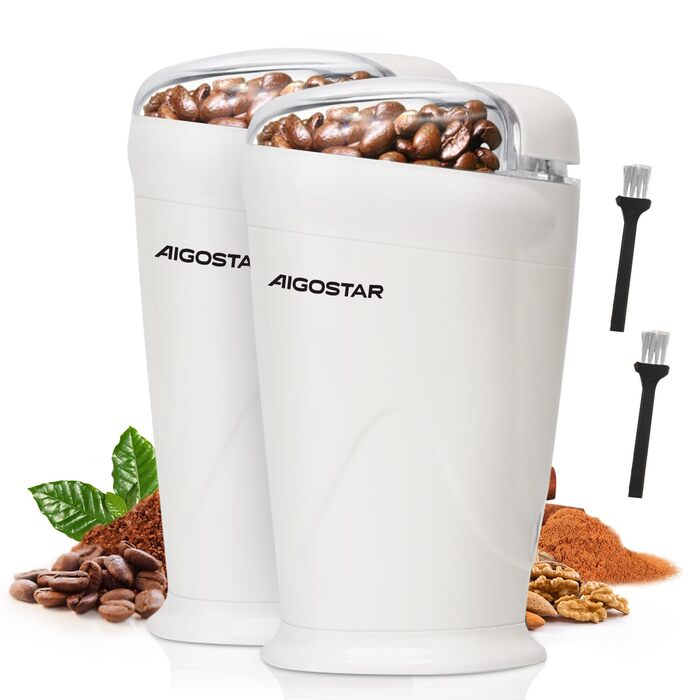 Кавомолка електрична Aigostar для кави, спецій, горіхів та зерна, нержавіюча сталь, 60г, 200 Вт, біла (2 шт)
