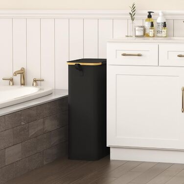 Кошик для білизни LifeWit з кришкою, вузький, складний, 75л, бамбук, з ручкою, чорний