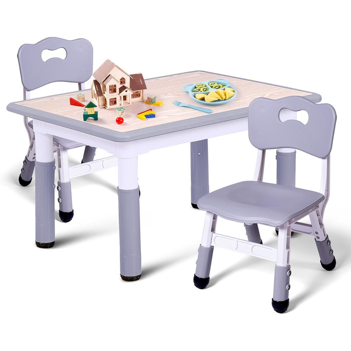 Дитячий стіл JoyHood з 2 стільцями - регульована висота. Набір дитячих меблів для дітей 3-8 років. Сірий колір. Підходить для школи, дитячого садка, дому.