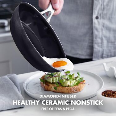 Сковорода GreenPan Omega 20,3 см, керамічна з антипригарним покриттям, індукційна, можна мити в посудомийній машині, використовувати в духовці та на грилі, чорна