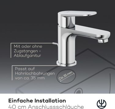 Змішувач для ванної кімнати KLUDI-X1 з витяжним зливом, висота виливу 75 мм, водозберігаючий кран, розмір S, керамічний картридж, для раковини, з підвідними шлангами, хром S