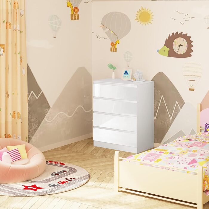 Комод для переодягання дитини Woltu з знімним пеленальним столиком, пеленальний столик, комод з 4 висувними ящиками, висота 110 см, білий + глянсовий білий