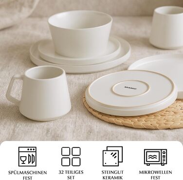 Набір посуду Miamio на 8 осіб (24 шт.) з каменю, сучасний сервіз – підходить для миття в посудомийній машині та використання в мікрохвильовій печі – розкішна колекція (білий)
