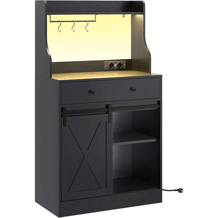 Чорний буфет-шафа з LED-підсвіткою, великою шухлядою та регульованими полицями для кухні, вітальні, їдальні