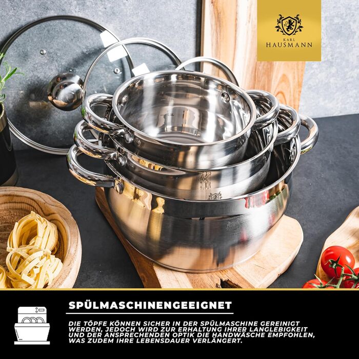 Набір каструль Karl Hausmann 3 шт. з нержавіючої сталі для індукційних та інших плит з кришкою з термостійкого скла та мірною шкалою