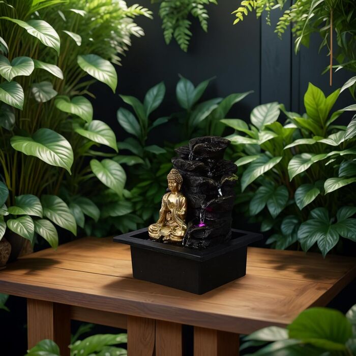 Штучний фонтан для саду Zen Light Shira - чорний, з LED-підсвіткою та насосом, з штучного каміння