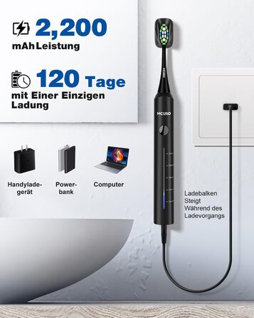 Електрична звукова зубна щітка, 45000 VPM, відбілювання за 1 тиждень, 120 днів роботи від акумулятора, індикатор заряду, 6 насадок DuPont, 5 режимів, таймер, чорна