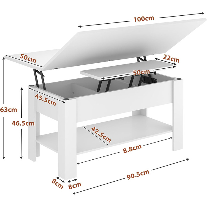 Регульований по висоті журнальний столик 3 в 1 з місцем для зберігання, обідній стіл, білий, для вітальні/офісу