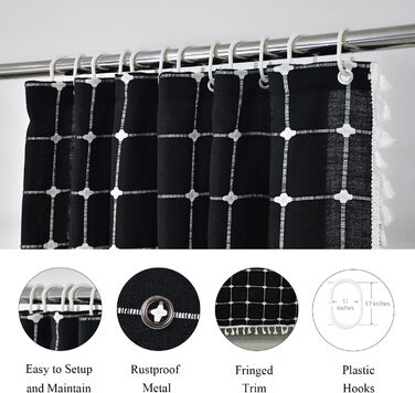 Шторка для душу сіро-зеленого кольору - сільський бохо-сучасний стиль, тканина льон, для ванної кімнати, вінтажний стиль, міцна, комплект зі бахромою, стильна богемна шторка для душу, 48x72 дюйми (121.9 x 182.9 см, 1 шт., чорний)