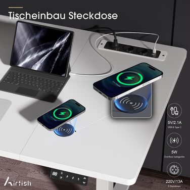 Електричний стіл Airfish з регулюванням висоти, бездрожною зарядкою та USB-роз'ємом 160 x 80 см. Комп'ютерний стіл з пам'яттю та функцією нагадування про відпочинок, білий