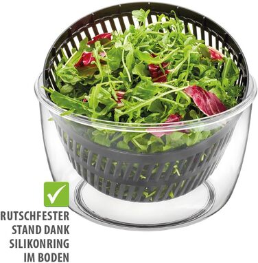 Салатниця-швидкообертач GEFU з кришкою для зберігання | 3л пластикова чаша з вбудованим ситом та ручним приводом | Чорний/Сірий колір