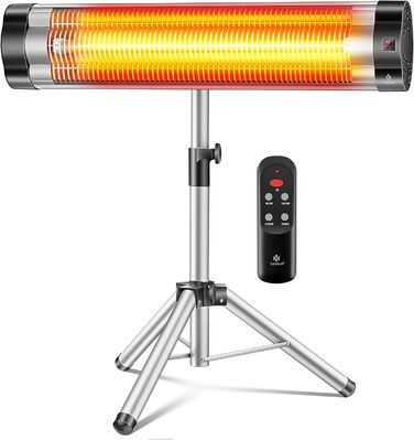 Інфрачервовий обігрівач KESSER® 2500W з пультом дистанційного керування та захисним чохлом, телескопічна стійка, для тераси, кварцовий нагрівач, срібний