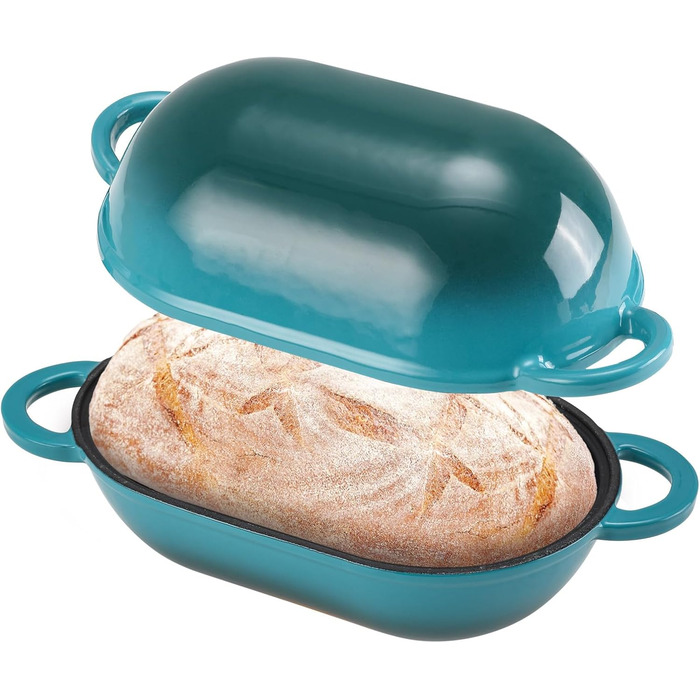 Форма для випікання хліба з кришкою Gusseisen, 23 см, емальована чавунна форма, 2.75 л, для випікання хліба, жаровня з кришкою, сумісна з духовкою (перехідний колір блакитно-зелений)