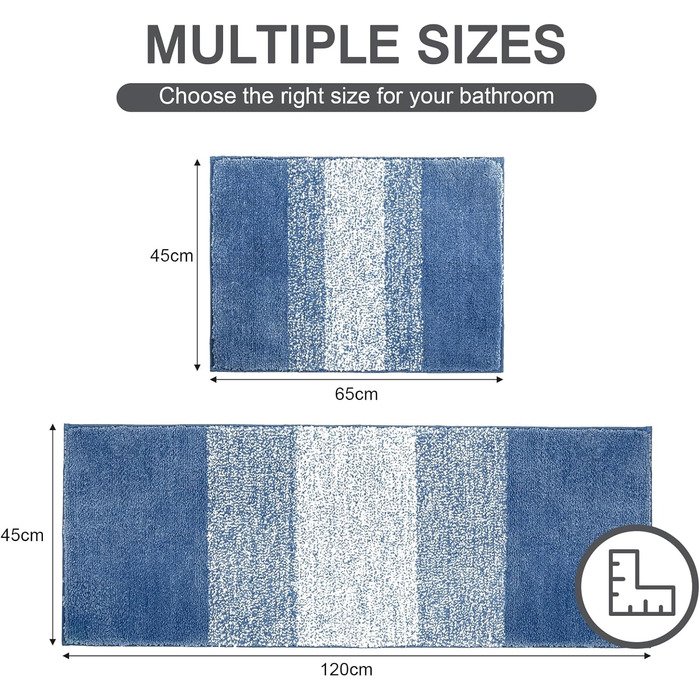 Набір килимків для ванної кімнати з мікрофібри, 2 шт. (блакитний), антиковзні, швидковисихаючі, м'які, для туалету, машинне прання, 45 x 65 см + 45 x 120 см