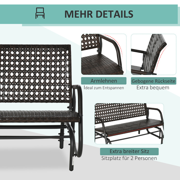 Лавка-гойдалка з поліротангу Outsunny 2-місна, Patio Garden Loveseat, Садова гойдалка зі спинкою, Лавка, Лавка в парку, Коричнева, 70x120x84см| Аосом