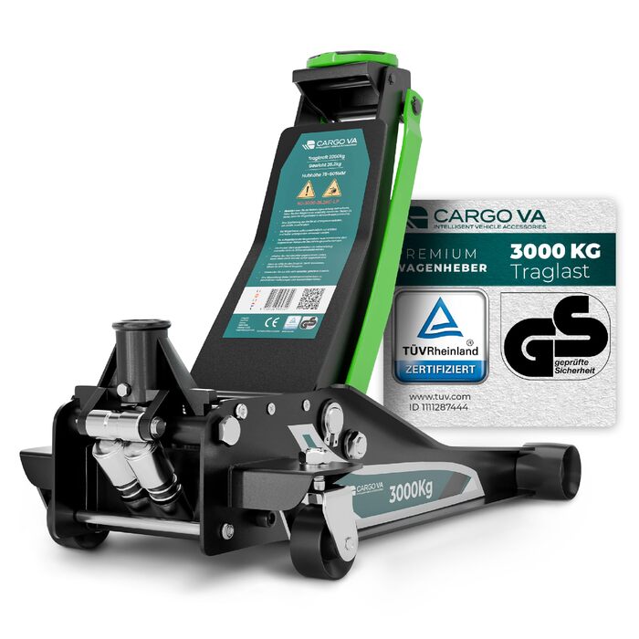 Гідравлічний домкрат CargoVA 3T з низьким профілем (75-505мм) + килимок + 2 гумові накладки | Для SUV та авто з низькою посадкою | Професійний набір для заміни коліс (TÜV)