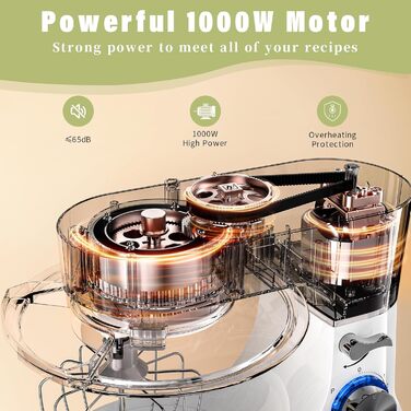 Кухонна машина Zuccie з тихою роботою, місткістю 5л, з нержавіючою чашею, 3 насадки, сплітц-захист, скребок для тіста та роздільник яєць, 8+ швидкостей.