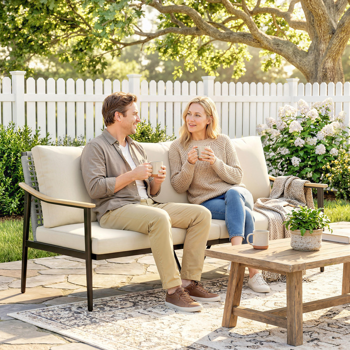 Розкішний садовий диван на 3 особи з ротангу, знімними подушками, імітацією дерев'яних підлокітників та сталевим каркасом. Колір: хакі.