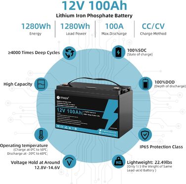 Акумуляторна батарея COMETX 12V 100Ah LiFePO4, 1280 Втгод, 4000 циклів, 100 А BMS, 24,25 фунта, послідовно/паралельний