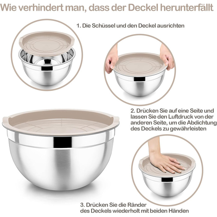 Набір місок Homikit з нержавіючої сталі, 6 штук, з кришкою, для приготування, випікання та сервірування, 6.5/4.5/2/2.5/1.5/1.2 л (Хакі, 7)