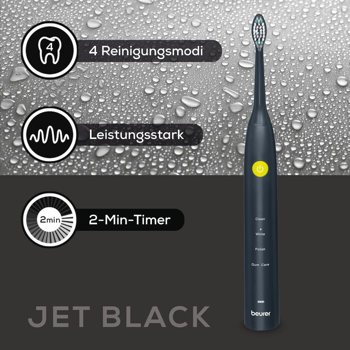 Beurer SC 30 Електрична зубна щітка Jet Black з 4 режимами чищення, 80 000 коливань, таймером та LED-дисплеєм + 2 насадки, корпус з переробленого пластику