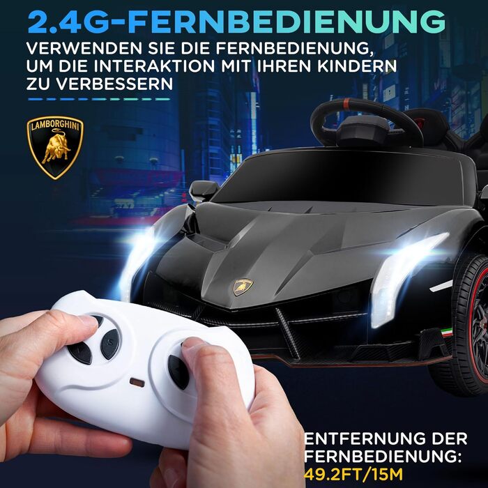 Дитячий електромобіль HOMCOM Lamborghini Veneno 12В з пультом, Bluetooth та музикою, чорний, для дітей 3-6 років