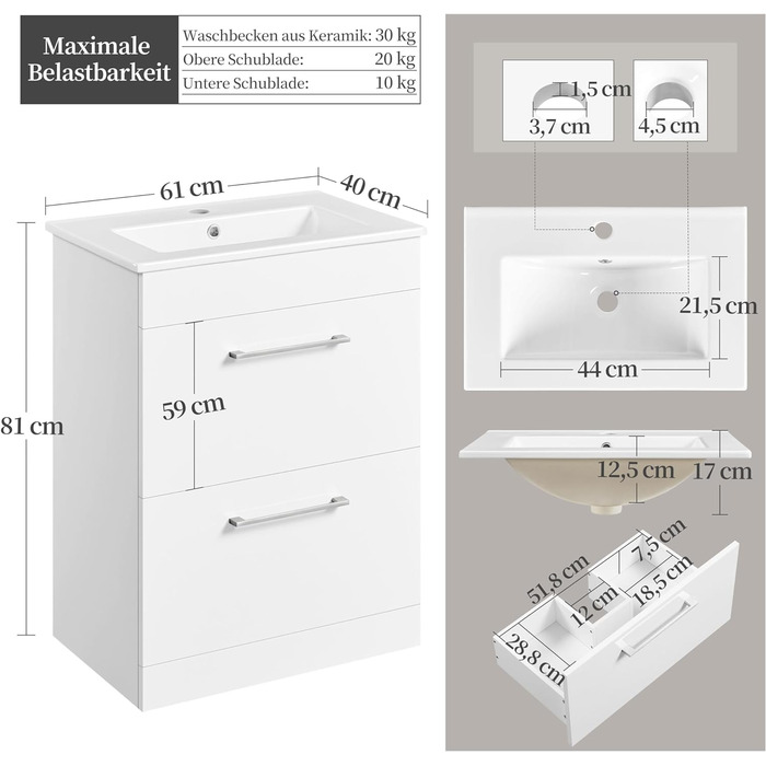Тумба для ванної кімнати Yaheetech з умивальником і 2 ящиками, керамічний умивальник, білий, 614081 см
