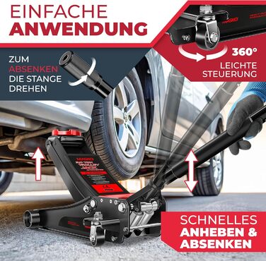 Гідравлічний домкрат MASKO 3T з низьким профілем 85-460мм, 3 гумові накладки, для легкових авто та SUV, ролики 360°, рукавички в комплекті. Домкрат під автомобіль до 3 тонн - Чорний