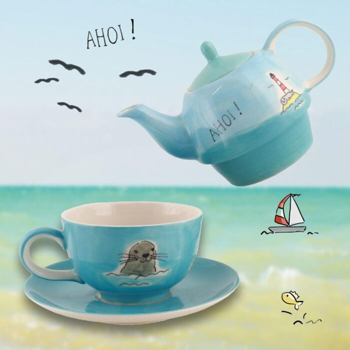 Керамічний чайний сервіз Mila Чай для одного горщика AHOI приблизно 400 мл і чашка та чашка для однієї особи з північнонімецьким прибережним пейзажем на пам'ять про літній сонячний пляжний відпочинок у подарунок