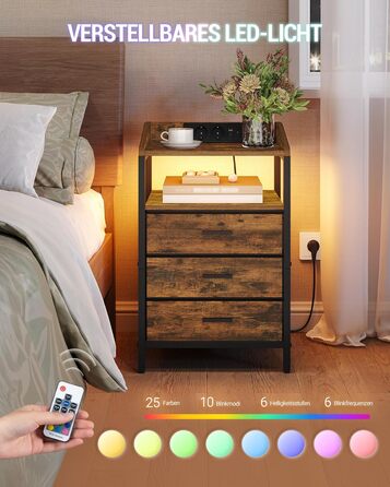 Приліжкова тумбочка Hzuaneri з LED-підсвіткою та функцією зарядки, 3 висувні ящики з тканини, USB-порти та розетки, для спальні/вітальні, чорний/коричневий, NS36301BEU, 1 шт.