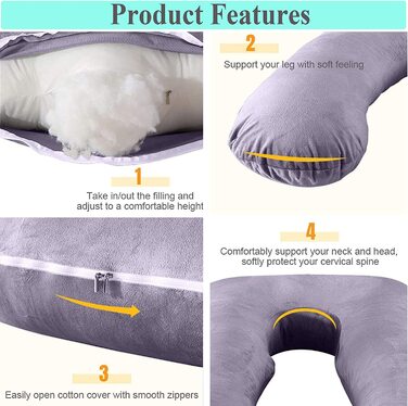 Подушка для вагітних, U-подібна подушка для вагітних зі знімним оксамитовим чохлом, подушка для вагітних 70 х 130 см, багатошарова подушка для вагітних Для жінок і дорослих, для сну Сірий 1,6 кілограма
