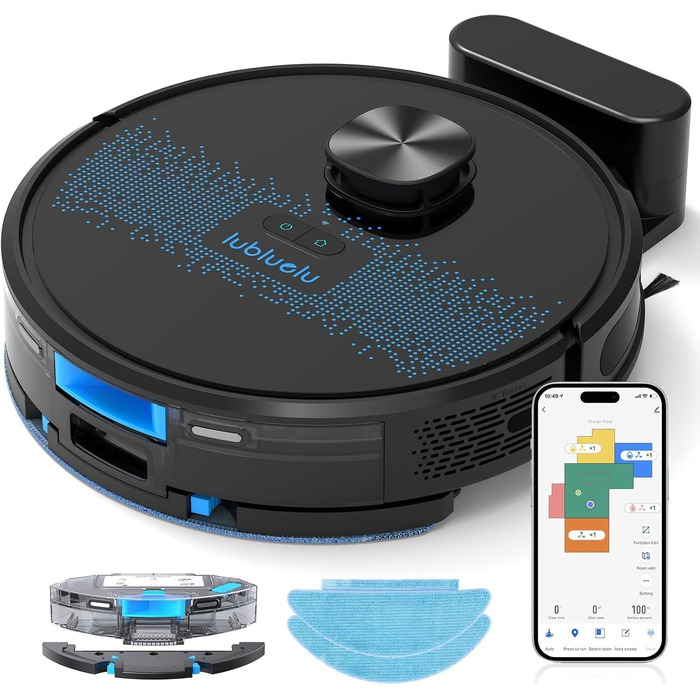 Робот-пилосос Lubluelu 3-в-1 з функцією миття, 4500Pa, лазерна навігація, 5 карт, 55dB, для тварин, килимів, твердих поверхонь (SL60D), блакитний