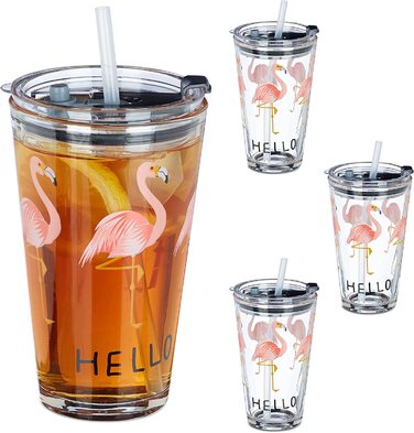 Скляні стаканчики Relaxdays з кришками і соломкою, набір з 4 банок для фламінго, 450 мл, можна мити в посудомийній машині, стакан для пиття, прозорий