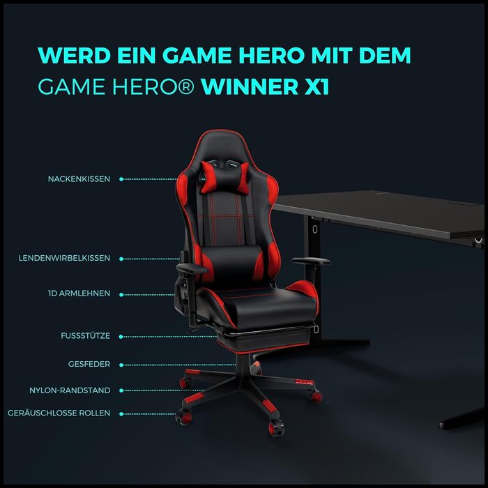 Ігрове крісло Game Hero Winner X1 з підставкою для ніг, функцією відкидання та регульованими по висоті підлокітниками - Офісне крісло преміум-класу Ергономічне письмове крісло для геймерів - З можливістю завантаження до 125 кг - Штучна шкіра - Червоний