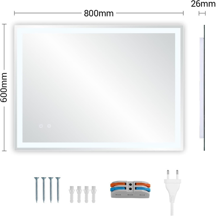 Дзеркало для ванної кімнати Clevich з підсвічуванням 80x60 см, LED, 3 кольори світла, регулювання яскравості, захист від вибуху, сенсорне управління, функція пам'яті, антизапар, 80L x 60B см