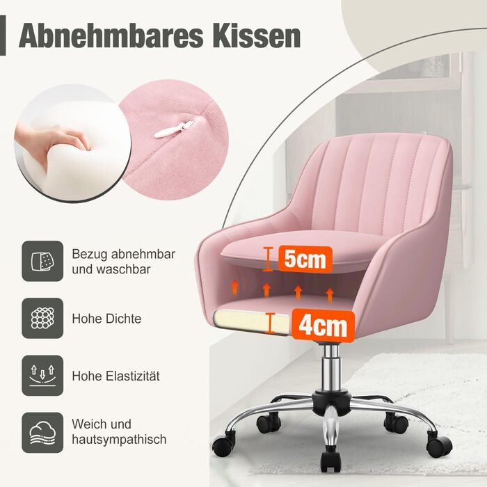 Крісло для робочого столу Daccormax, крісло для туалетного столика, обертове крісло до 150 кг, офісне крісло з регулюванням висоти, крісло для дому з м'якою оксамитовою оббивкою, комфортне для робочого кабінету, спальні, офісу, рожеве/рожеве