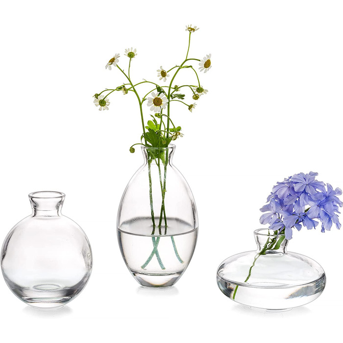 Маленькі вази для прикраси столу, вінтажна ваза ручної роботи, міні-ваза з 3 предметів, скляна ваза для квітів, сучасний набір, велика гладка ваза з гідропонного скла для прикраси квітів, весільного столу, вітальні (1 комплект, прозора)