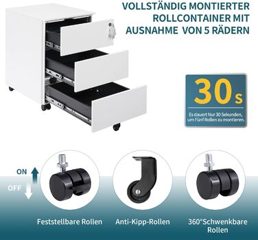 Роликовий контейнер LVSTEEL з висувними ящиками, мобільний офісний шафка під стіл, з замком, стіл для принтера, 4 ящики, 4 ключі, збірно-розбірний, для офісу та дому, білий, 54х37 см