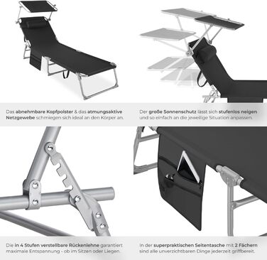 Лежак для відпочинку Tectake®: розкладний, портативний, з кишенею, для саду, пляжу, кемпінгу, з регульованою спинкою та подушкою (чорний)