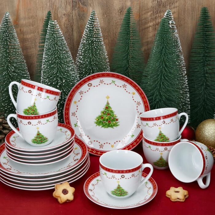MamboCat Кавовий сервіс на 6 осіб (18 предметів) з різдвяним декором | 6 чашок 190 мл, 6 підставок, 6 тарілок | Фарфор, для святкування Різдва та Миколая