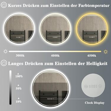 LED дзеркало для ванної кімнати з підсвічуванням 40x60 см - проти запотівання, 3 кольори, регулювання яскравості, подвійний сенсорний вимикач, пам'ять вимкнення, для ванної/туалету - горизонтальний/вертикальний монтаж