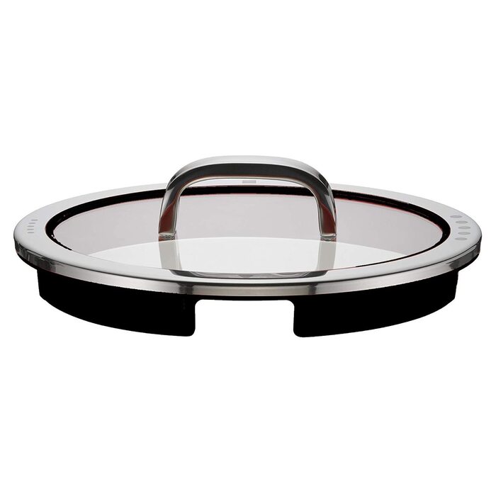 Скляна кришка для каструль WMF Function 4, 16 см, з 4 функціями зливу, сталь Cromargan, червона