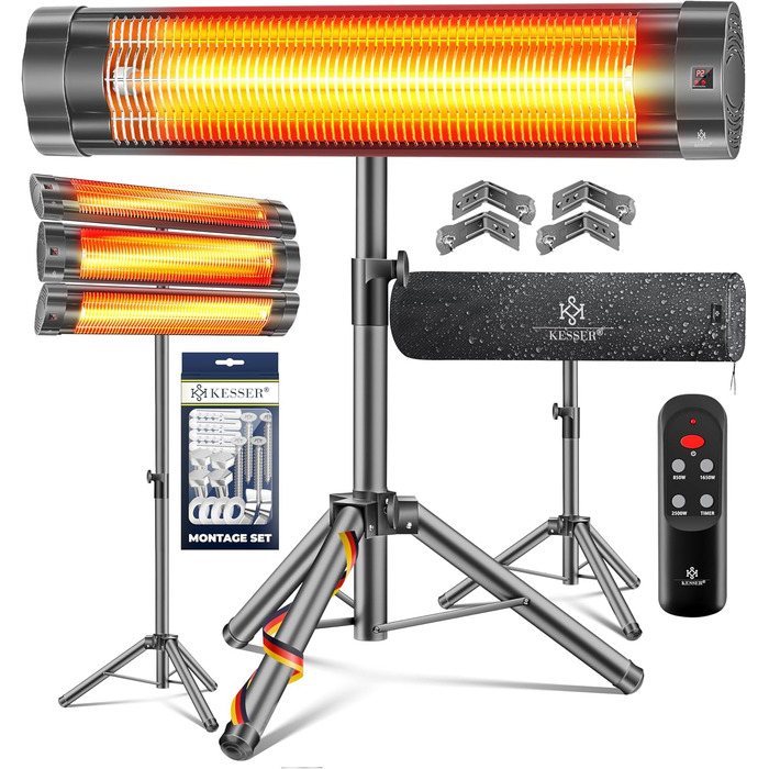Інфрачервовий обігрівач KESSER® 2500W з пультком та захисним чохлом, телескопічна стійка, для тераси та дому